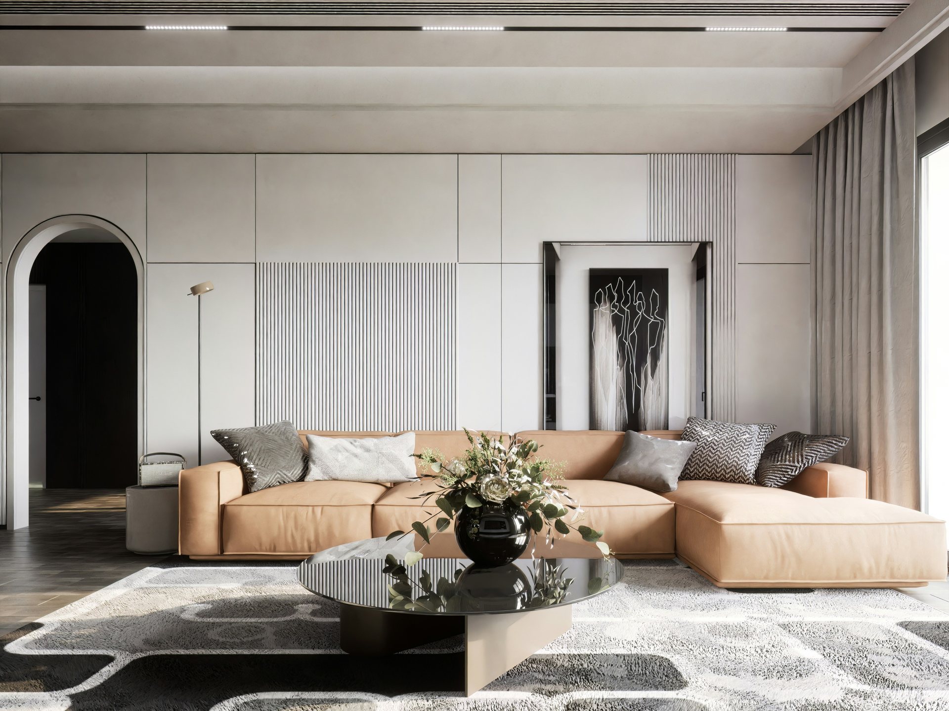 Salón elegante con sofá y cuadro horizontal